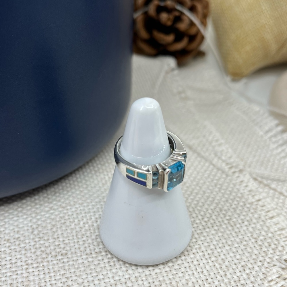 Vintage 925 Sterling Silver Turquoise Lapis Inlay Ring Size 5 - Picture 12 of 16